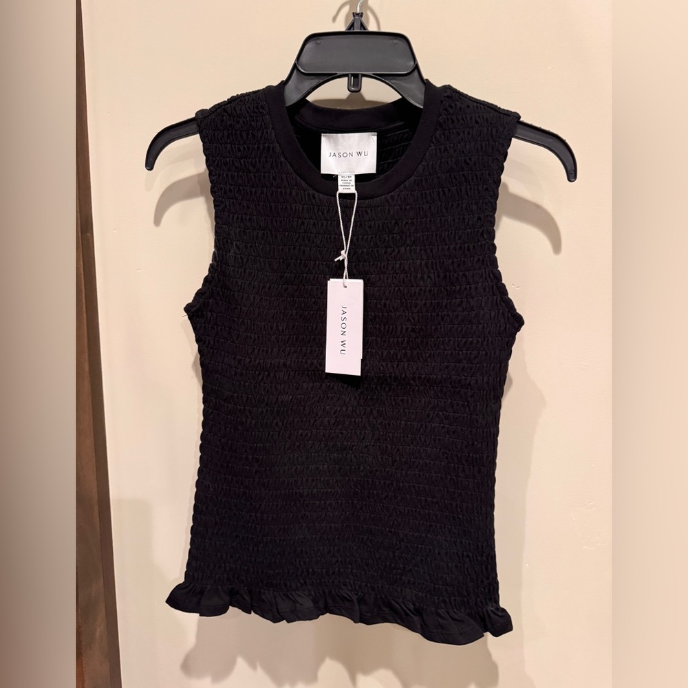 JASON WU- New Black Sleeveless Cotton Smocked Top/ Tank with Ruffle Hem